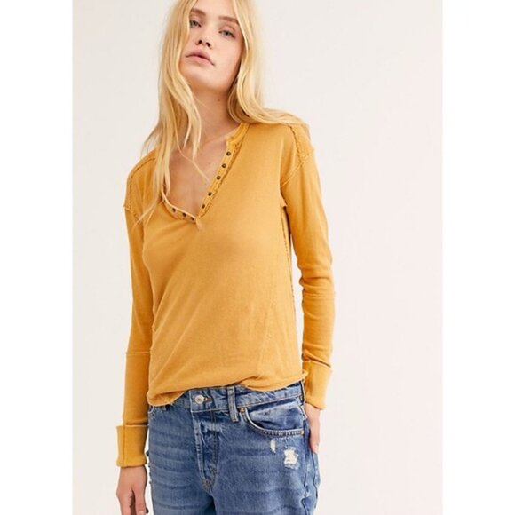 Free People We the Free Military Mix Mustard Yellow Henley Top - Picture 2 of 10